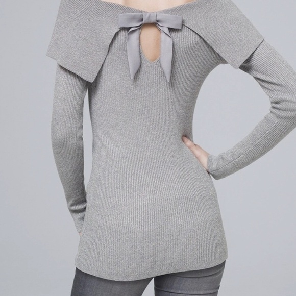 White House Black Market Gray Silver Shimmer Boat Neck Rib Tunic Sweater Sz XS - Picture 6 of 6